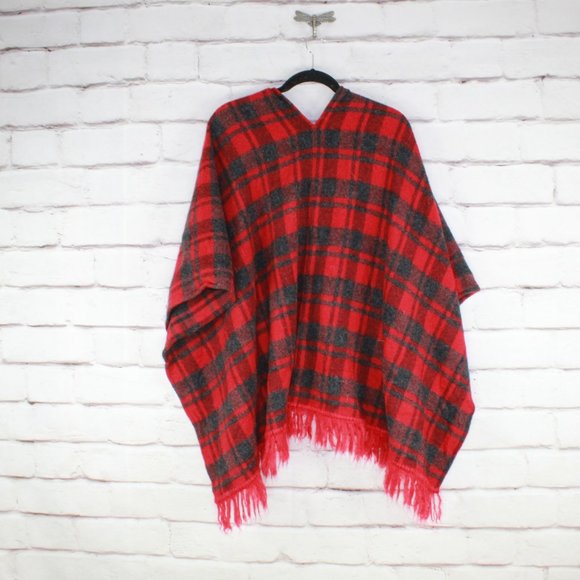 Diane Kirkup Red Flannel Poncho Fringe Hem Wrap Sweater Size OS - Picture 5 of 8